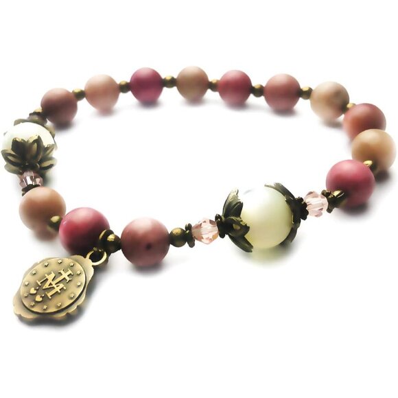 Pink Rhodonite Mother of Pearl Catholic Rosary Bracelet for Women - Picture 2 of 5